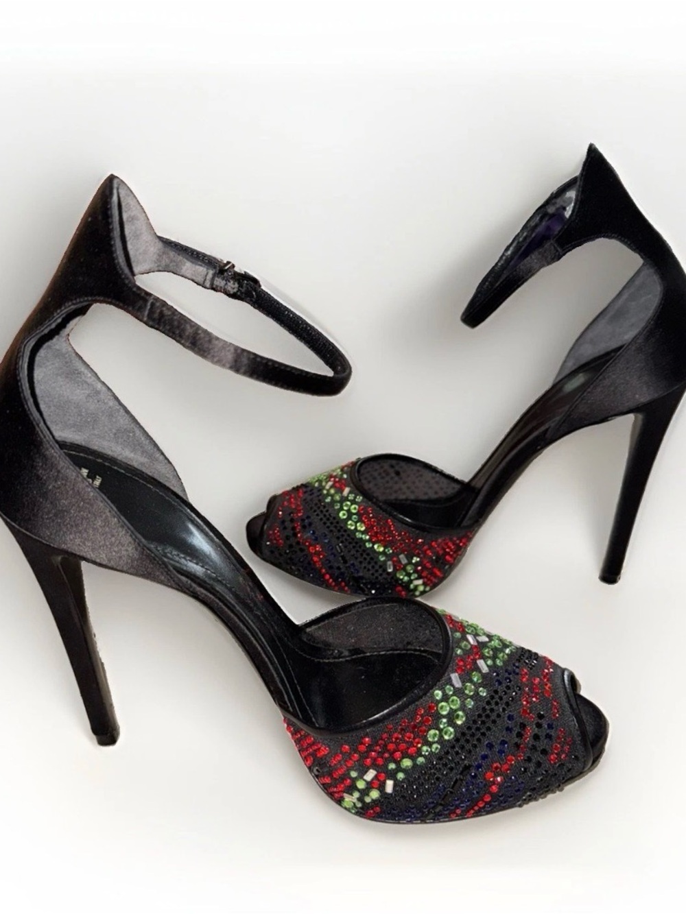 Giorgio Armani Black Satin Ankle-Strap Peep-Toe Heels with Red and Green Sequins